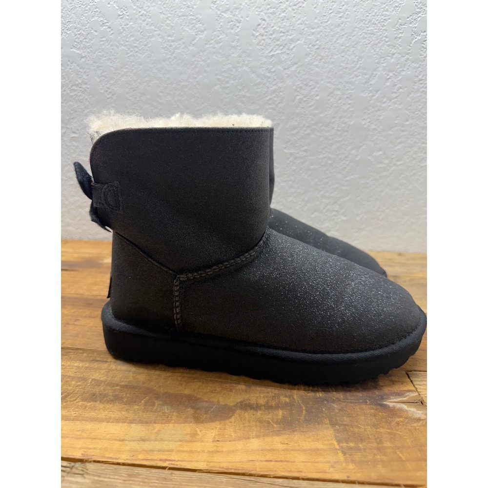 UGG Custom Bailey Bow II Black Glitter Sheepskin Boots 1112494 Womens 7